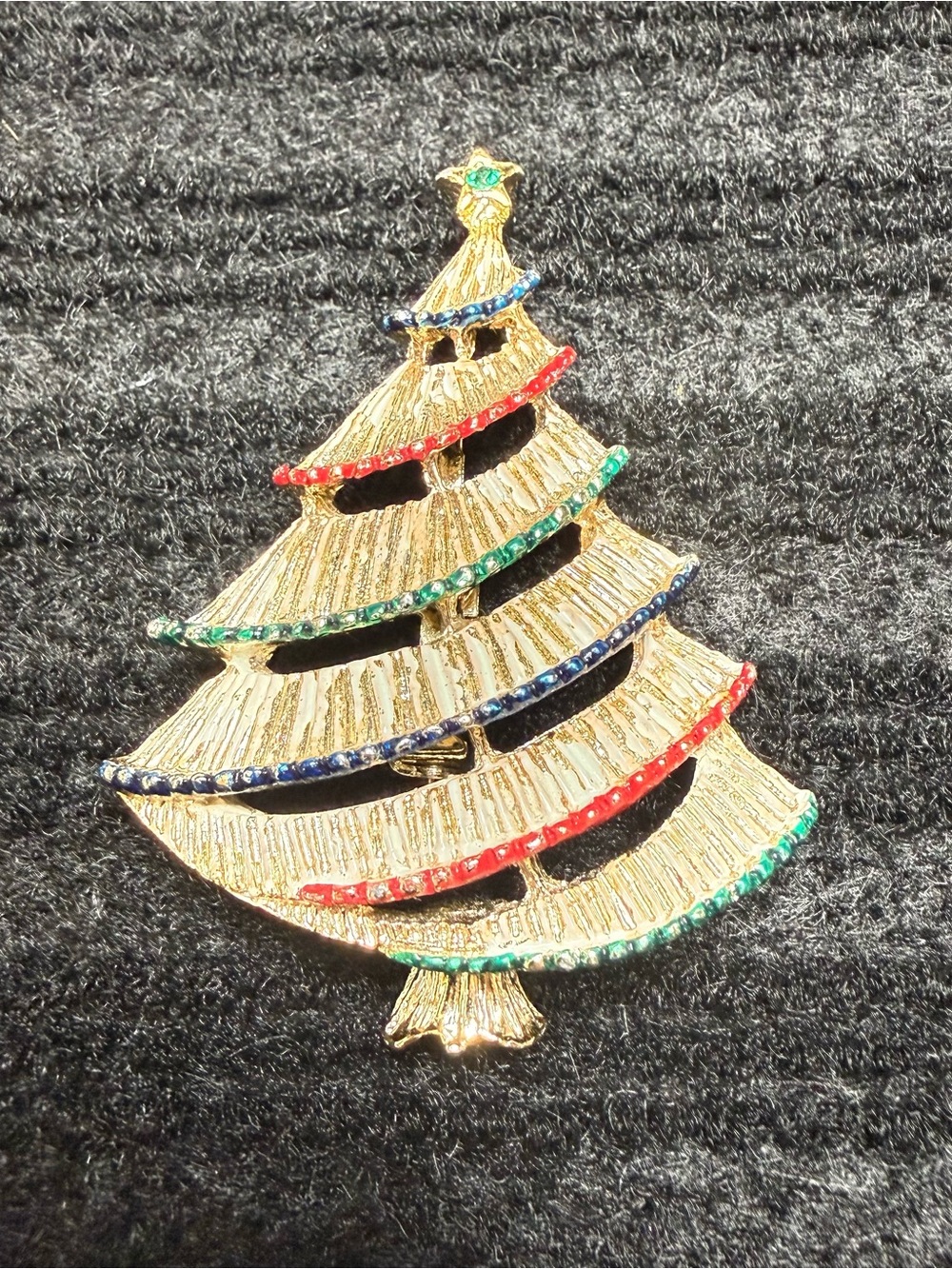 Gold-Tone Festive Christmas Tree Brooch with Red, Green & Blue Accents